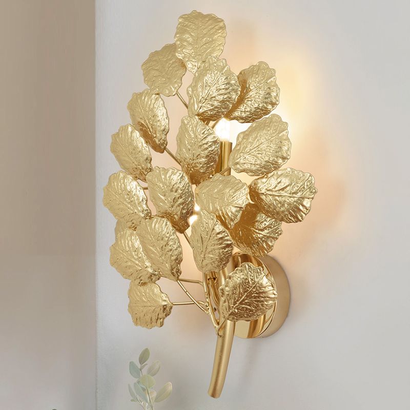 2 Bulbs Leaf Wall Sconce Contemporary Style Dark Coffee/Gold Aluminum Wall Lighting Fixture for Living Room