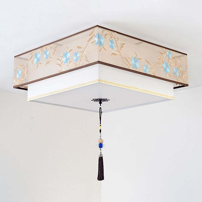 Geometry Shape Ceiling Lamp Tradition Iron Flush Mount with Fabric Lampshade for Hall