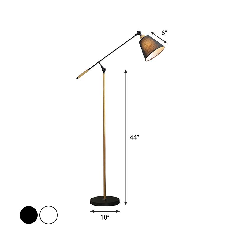 Tapered Floor Reading Lamp Nordic Fabric 1 Bulb Black/White and Wood Floor Light with Swing Arm