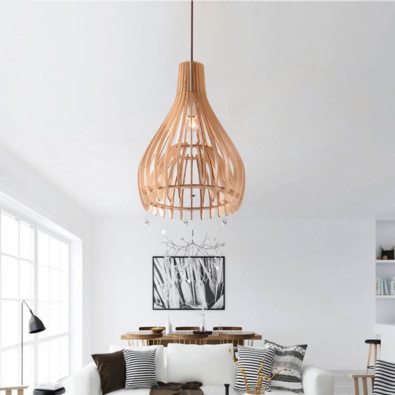 Chinese Pear-Shaped Pendant Lighting Wood 1 Head Ceiling Hanging Light in Beige