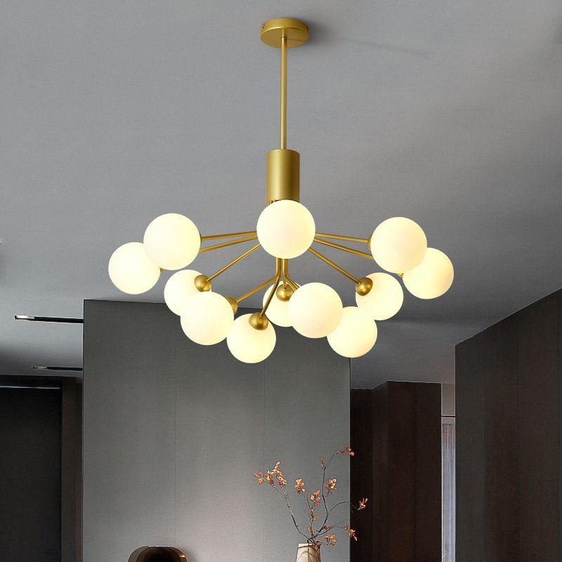 Moderno lampadario artistico a bordo in globe lampadina in ferro laccata con tonalità di vetro bianco