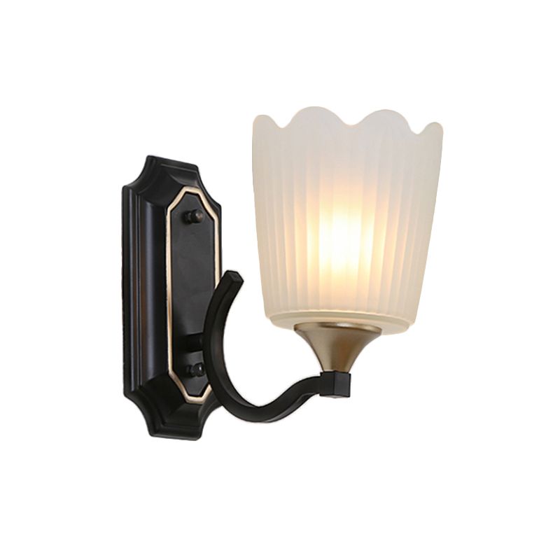1/2-Light Scalloped Cup Wall Light Sconce Vintage Black Finish Frosted Glass Wall Mount Lamp