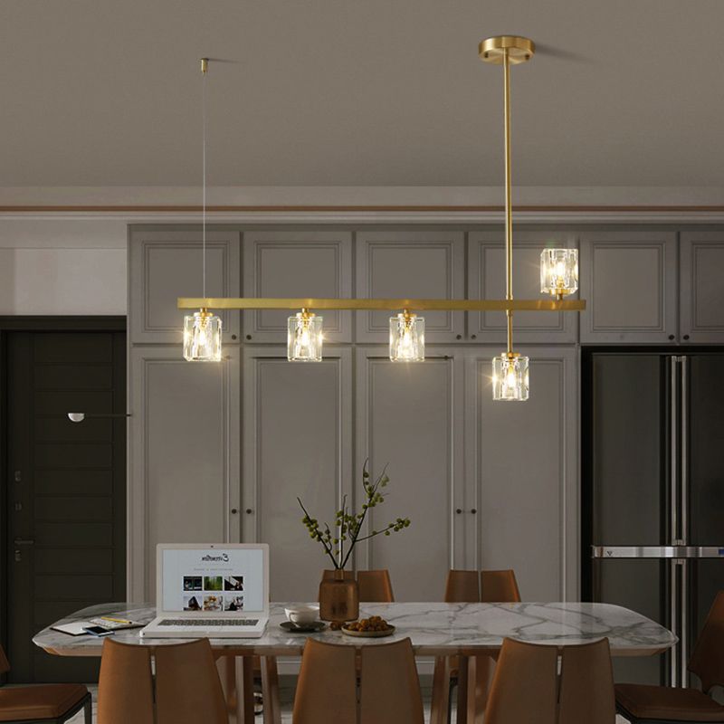 Linear Pendant Lighting Modern Island Lights Crystal Metal 4 Light Island Ceiling Light in Gold