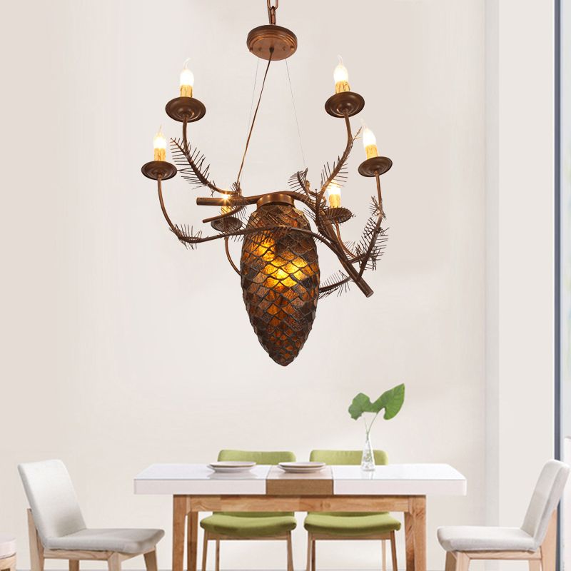 Metal Coffee Pendant Lamp Pinecone 9 Lights Rustic Chandelier Light Fixture for Dining Room