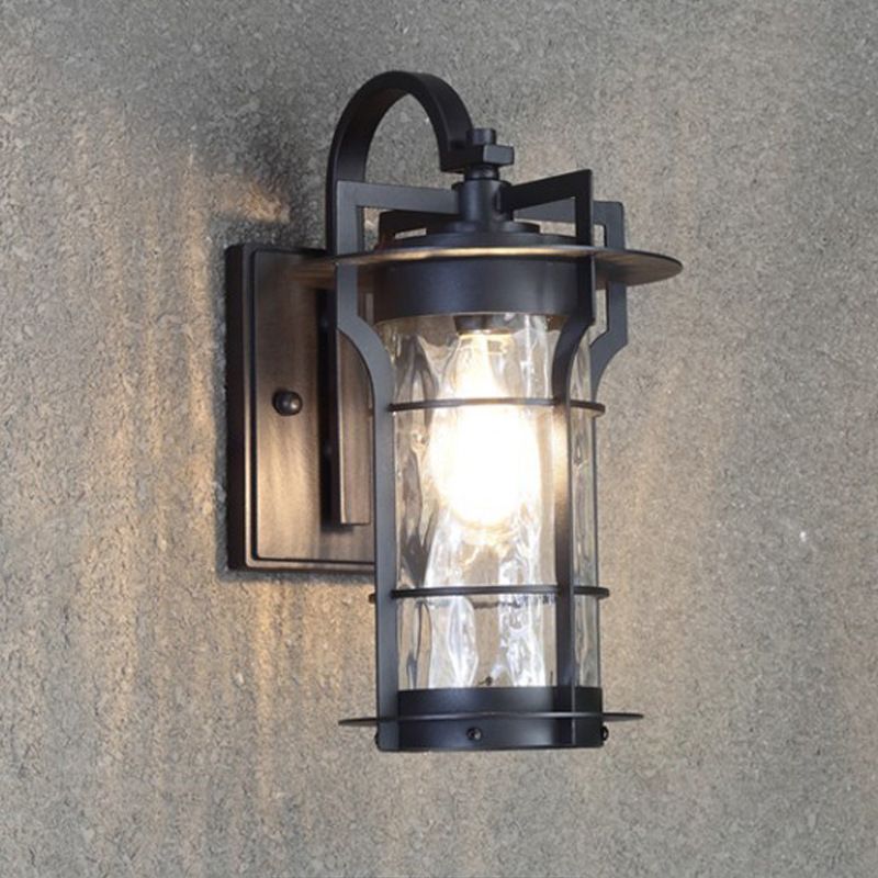 Country Cylinder Wall Light Sconce 1 Bulb Clear Water Glass Wall Mount Lamp Fixture in Black for Corner