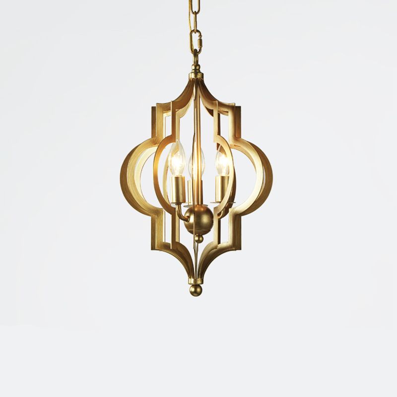 3 Bulbs Candle Chandelier Light Traditional Gold Metal Hanging Ceiling Fixture for Dining Room with Cage, 12.5"/28" Wide