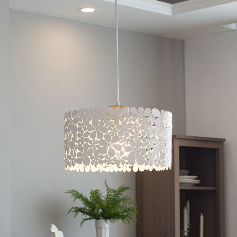 Cutout Petals Drum Iron Pendant Lamp Modern 1 Head White Hanging Ceiling Light for Dining Room