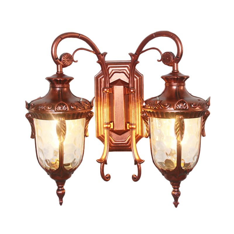 2-Bulb Clear Glass Wall Light Countryside Black and Gold/Copper Urn Courtyard Wall Sconce Lighting