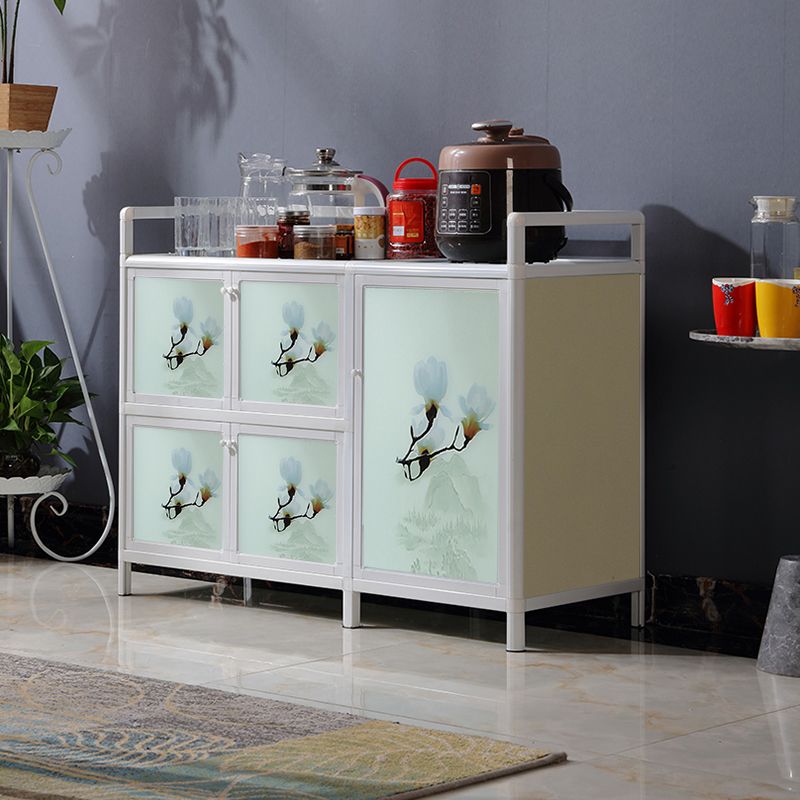 Contemporary Blue Metal Sideboard Glass Buffet Table for Living Room