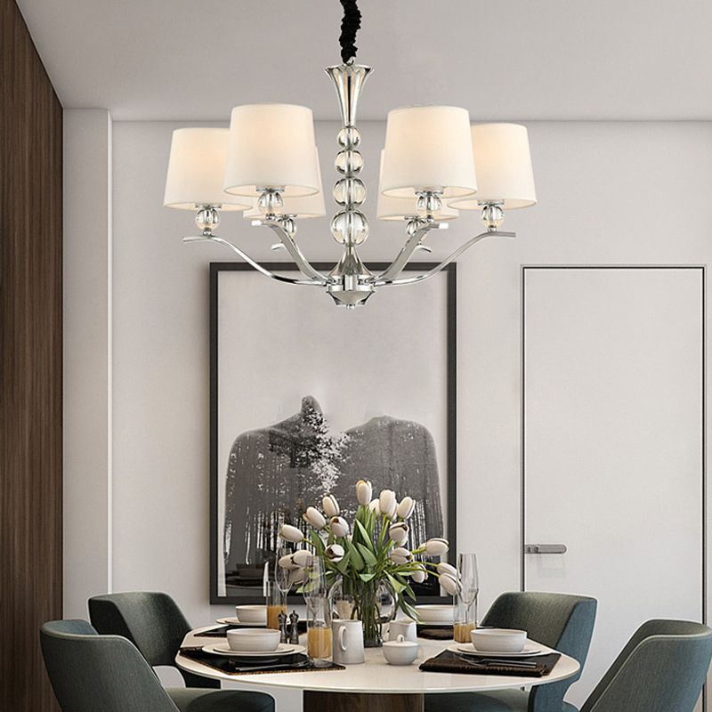 Minimalist 6-Head Ceiling Lamp with Fabric Shade Chrome Cone Chandelier Light for Dining Room