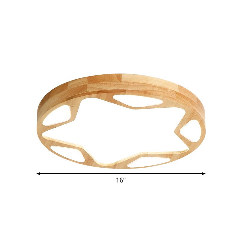 16"/19.5" W Round Ceiling Lighting Minimalist Wood LED Beige Flush Lamp with Star Design in Warm/White/Natural Light