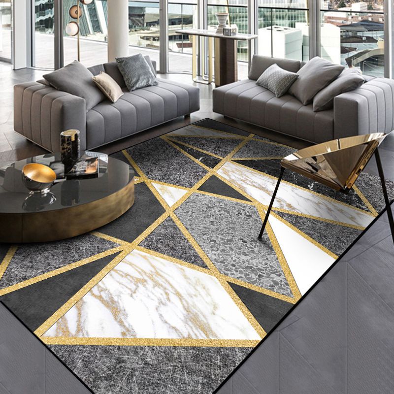 Postmodern Geometric Marble Print Rug Black and White Synthetics Carpet Pet Friendly Non-Slip Stain Resistant Indoor Rug for Home
