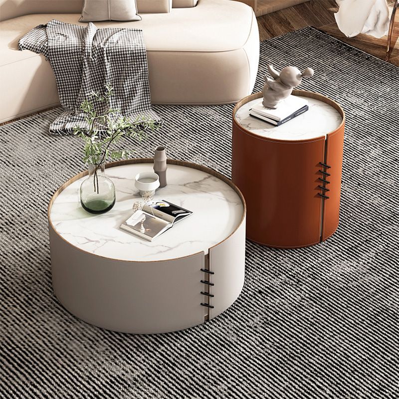 Contemporary Round Coffee Table Leather and Stone Coffee or End Table Drum