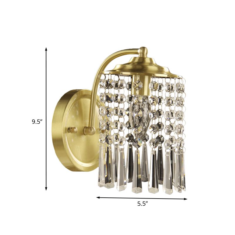 1-Light Crystal Drip Sconce Light Fixture Countryside Brass Cylinder Bedroom Wall Mounted Lighting