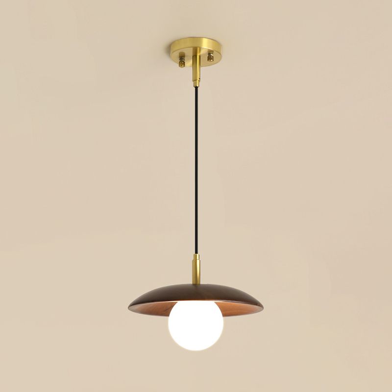 Dark Brown Saucer Pendant Lighting Simple 1-Light Wooden Ceiling Light with White Glass Shade