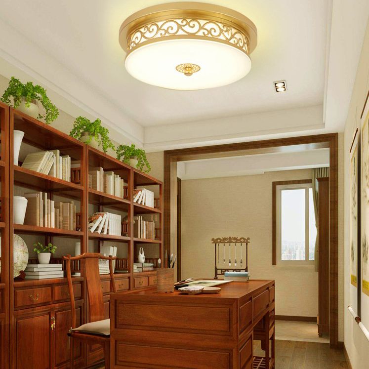 Drum Shaped LED Ceiling Lamp Traditional White Glass Flush Mount Lighting for Dining Room