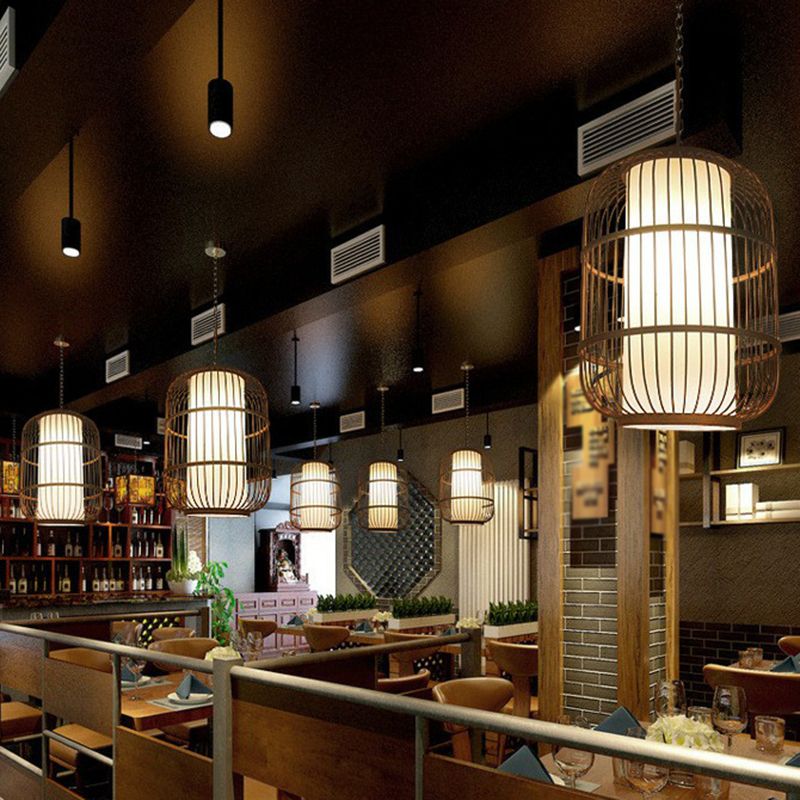 Coffee Finish Cage Hanging Lamp Contemporary Single-Bulb Bamboo Suspension Light