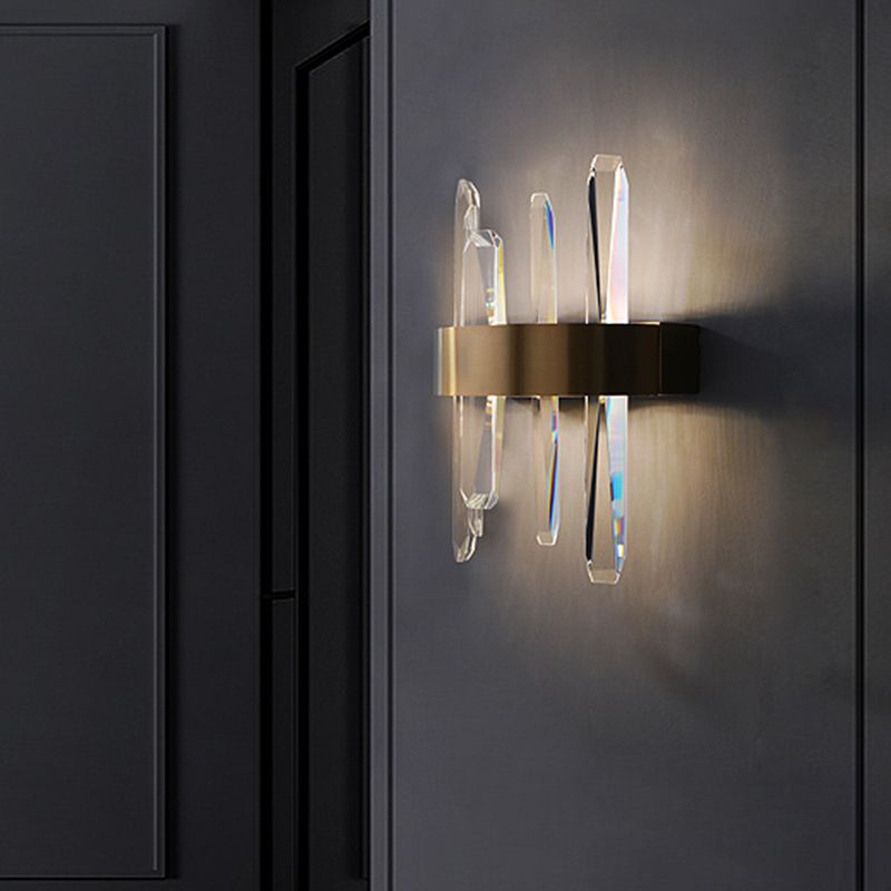 Clear Crystal Bar Wall Sconce Modernist LED Wall Lighting Fixture in Gold with Round/Rectangle Metal Shade