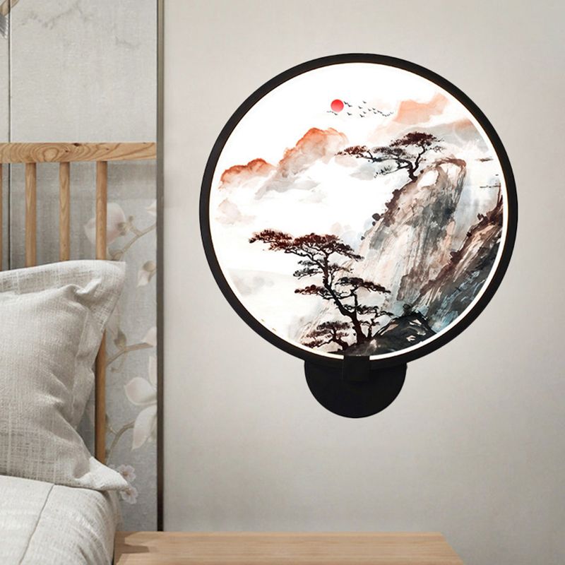 LED Hallway Wall Lighting Fixture Chinese Black Pine Tree and Mountain Mural Light with Round Acrylic Shade