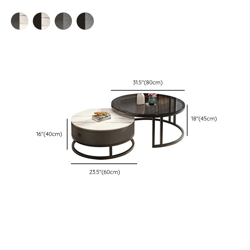 Round Coffee Table Glass Top 2 Nesting Coffee Table Set with Storage