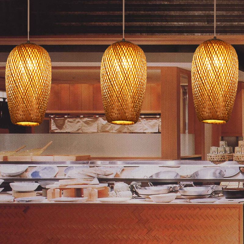 Crisscross Woven Ceiling Hanging Lantern Chinese Bamboo 1 Bulb Brown Pendant Light Fixture for Restaurant