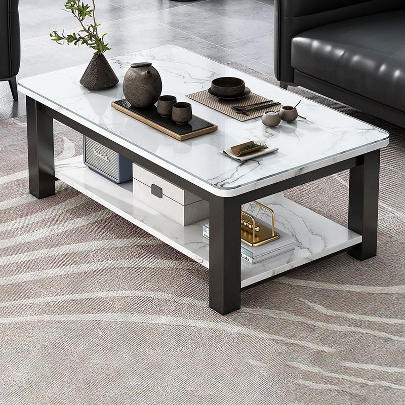 Rectangular Glass 4 Legs Coffee Cocktail Table with Storage Shelf