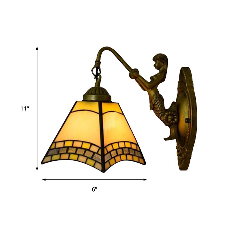 1 Head Wall Light Fixture Tiffany Trapezoid Blue Glass Sconce Lighting with Mermaid Backplate