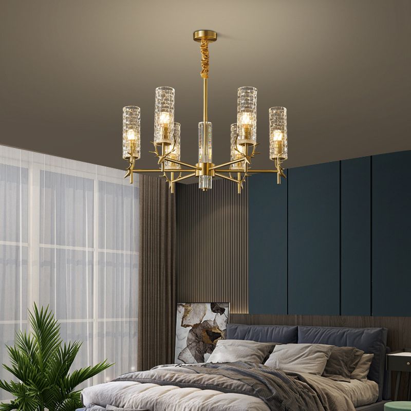 Gold Radial Pendant Light Mid-Century Cylindrical Clear Glass Suspension Light for Living Room