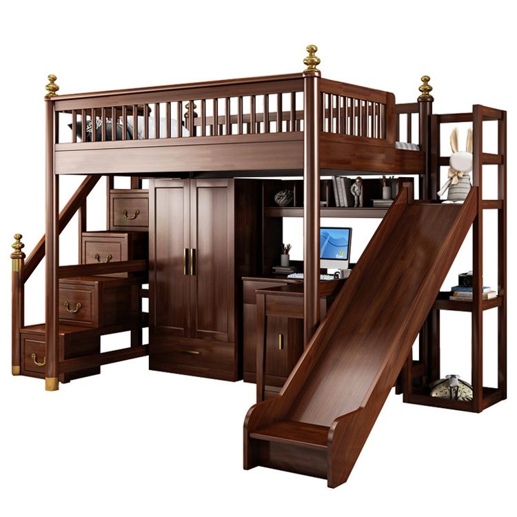 Solid Wood Loft Bed with Storage Scandinavian Brown Kids Bed with Open Frame