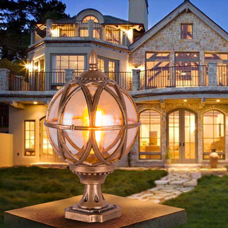 1-Light Waterproof Outdoor Light Spherical Pillar Lamp with Glass Shade for Garden