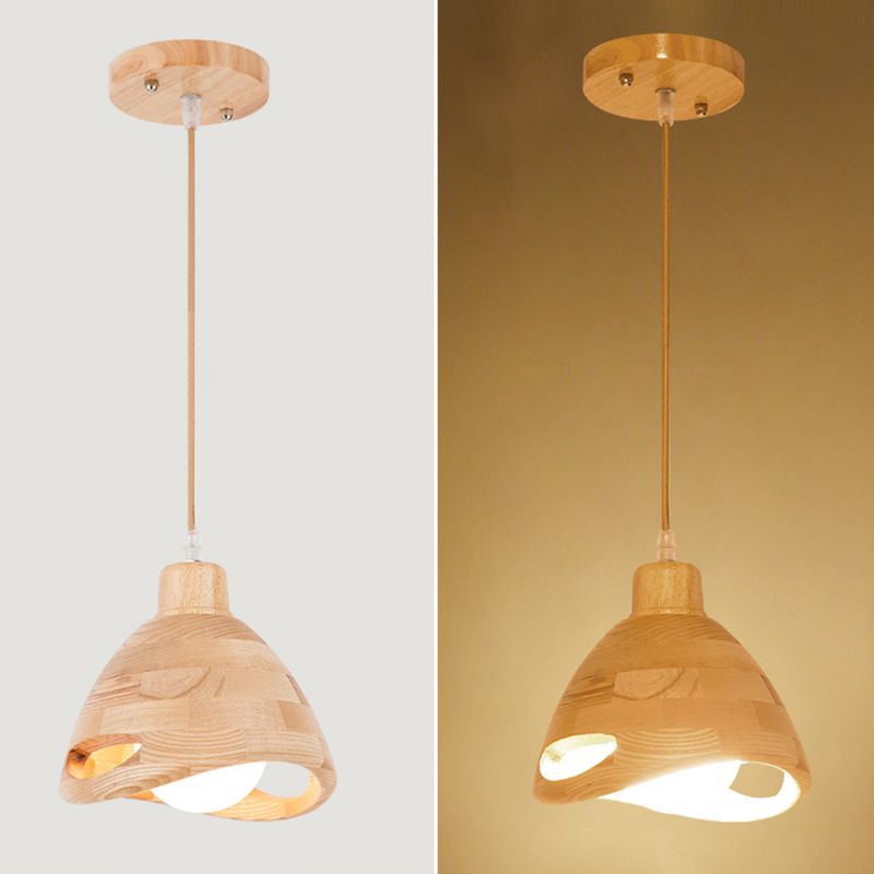 Bedroom Contemporary Hanging Light Creative Wood Shade Pendant Lamp in Beige