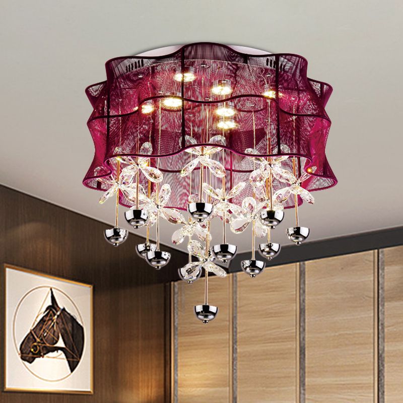 Red Drum Flushmount Lampe Romantisch Modernes Stoff-Schlafzimmer LED Deckenleuchte mit Dangling Crystals