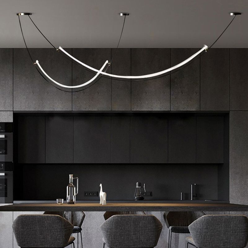 Line Shape Hanging Lamp Modern Island Chandelier Lights in Black Finish