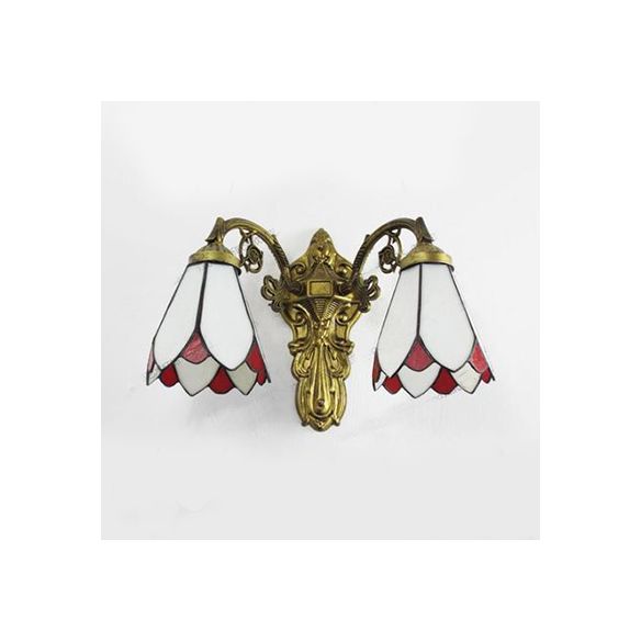 Stained Glass Wall Light with Curved Arm Tiffany Style Double Sconce Light in Red/White/Blue for Bedroom Lighting