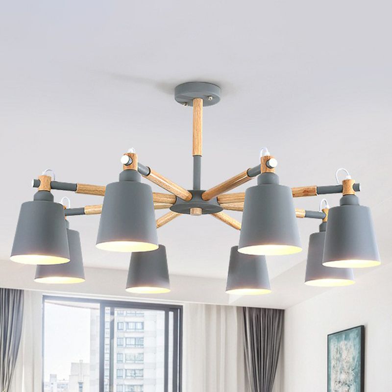 Illuminazione radiale lampadario in legno semplicistico 6 teste sala da pranzo luce a sospensione con ombra metallica affusolata
