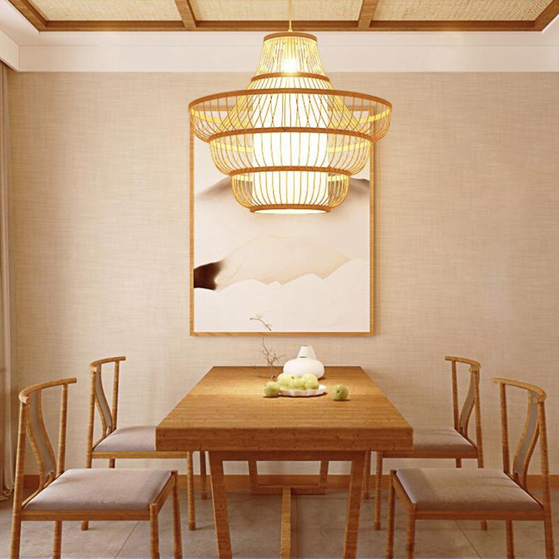 Lantern Shaded Restaurant Ceiling Light Bamboo Single Modern Hanging Pendant Light in Wood