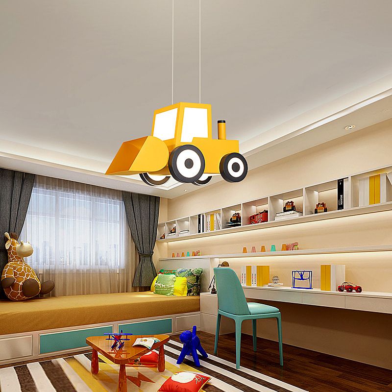 Cartoon Bulldozer LED Chandelier Lamp Metal Boys Bedroom Éclairage en suspension
