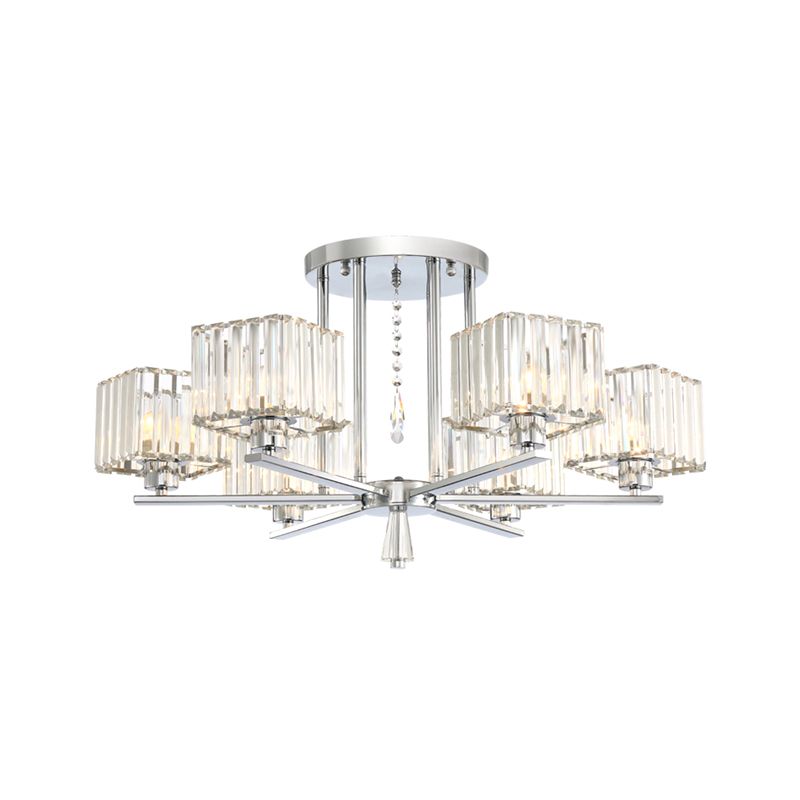 6/8 Bulbs Semi Flush Chandelier with Radial Design Modern Clear Crystal Cubic Shade Ceiling Lighting