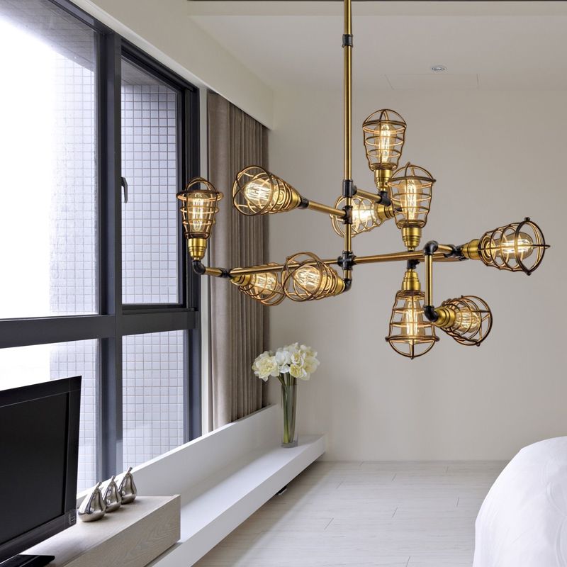 Kronleuchtermulti -Licht -Käfigleuchter mit Glühbirne -förmiger Vintage Loft gebürstet Messing Metallic Mini Anhängerlampe