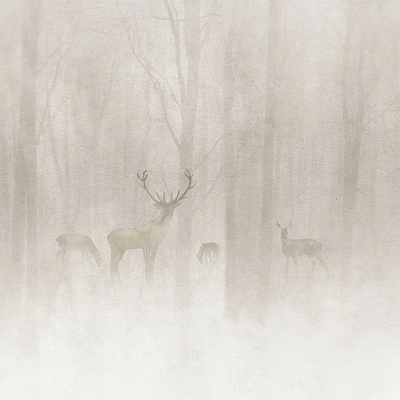 Whole Animal Mural for Bathroom Foggy Forest Deer Patterned Wall Art in Grey, Moisture Resistant