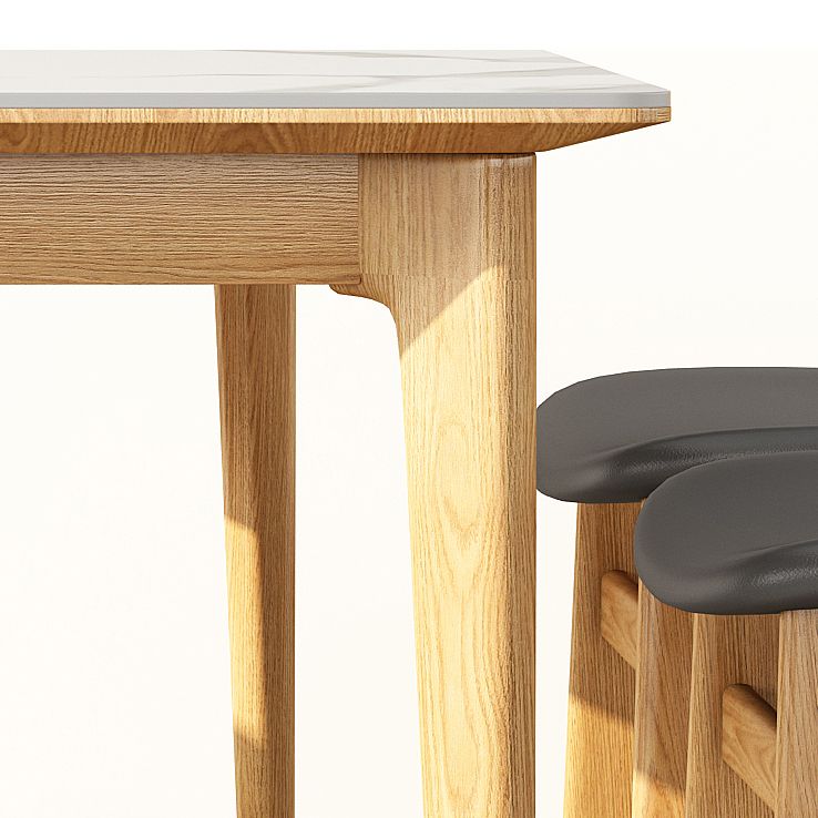 Midcentury Rectangle Dining Table Sintered Stone Table with 4 Legs Wood Base