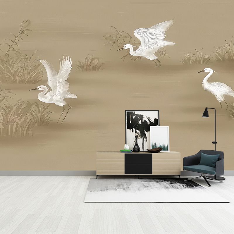 Illustration Style Egret Mural Wallpaper Personalized Size Wall Decor for Guest Room, Made to Measure