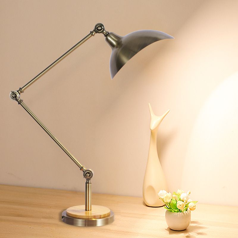 Farmhouse Dome Shade Table Light LED Metallic Reading Book Lamp in Silver with Swing Arm