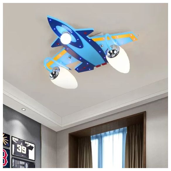 Lámpara de techo de madera y vidrio para avión de combate, luz azul fría para montaje en techo, para dormitorio de niños