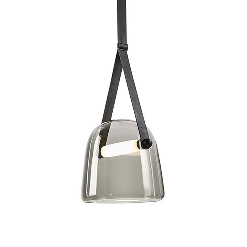 Cream/Smoke Grey Glass Cloche Pendant Postmodern 1 Bulb Black/Beige Hanging Ceiling Light with Buckle Strap