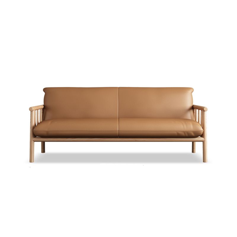 Stationary Leather Living Room Sofa Tuxedo Arm Settee in White/Brown