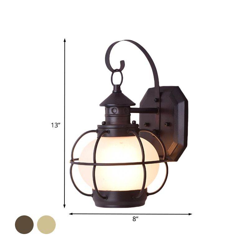 Coffee/Bronze Lantern Wall Light Retro White/Clear Glass 1 Head Outdoor Wall Lighting with Wire Cage
