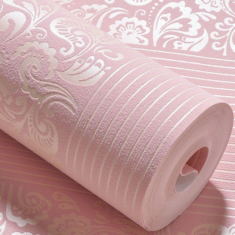 Pastel Color Non-Woven Wallpaper Stain-Resistant 3D Flower and Stripe Wall Covering, 31' by 20.5"
