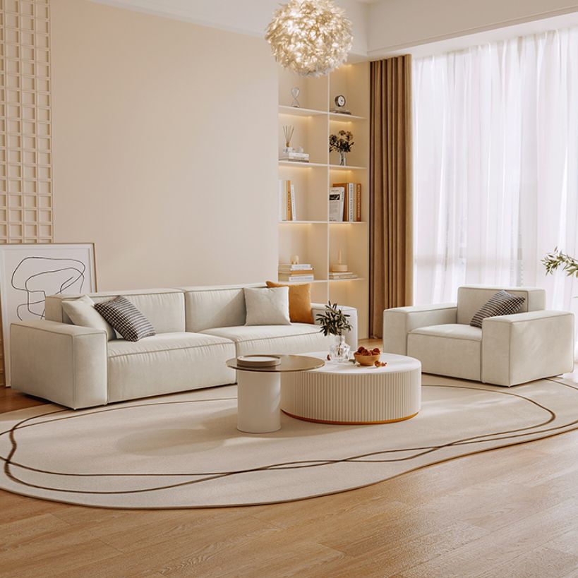Contemporary Sofa Genuine Leather Living Room Square Arm Cushions White