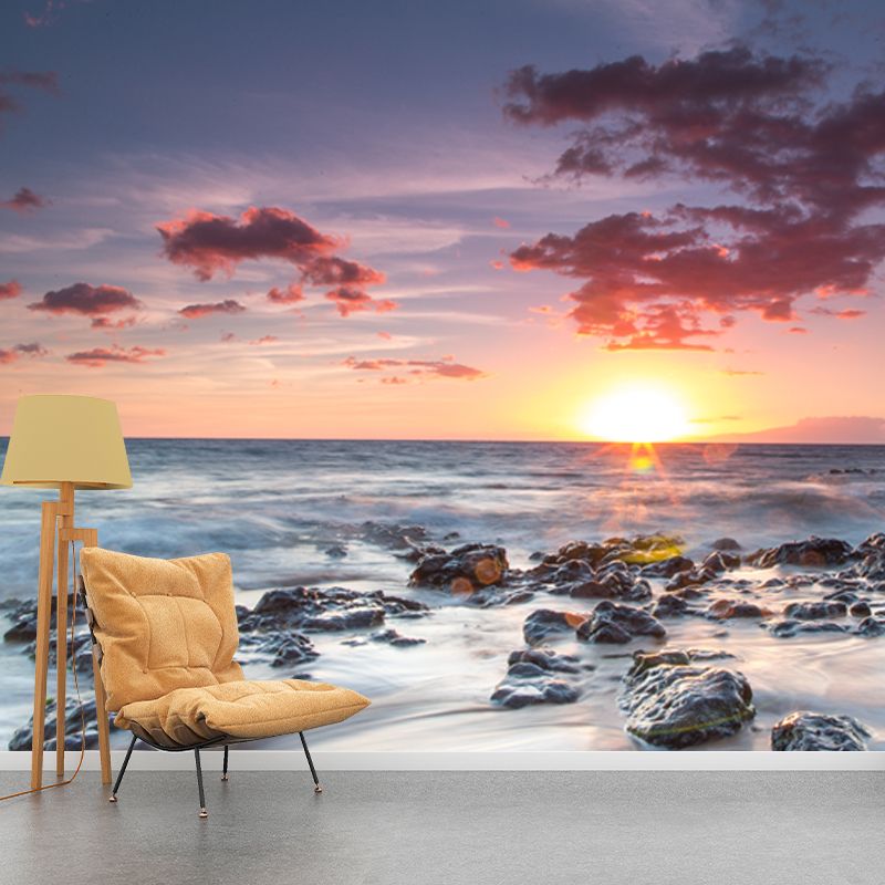Blue-White Tide Wallpaper Mural Contemporary Sunset Seascapes Wall Art, Custom Printed